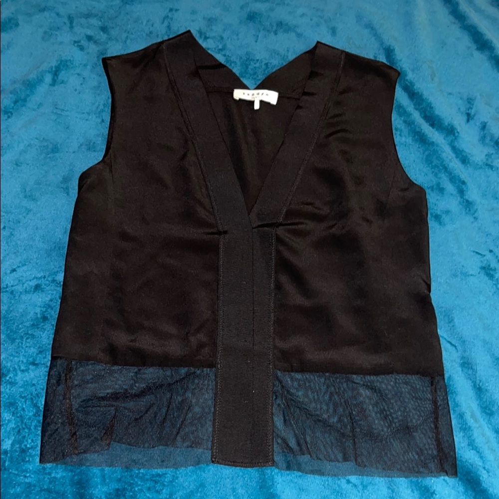 Sandro Paris Black Sleeveless Top with Sheer Hem